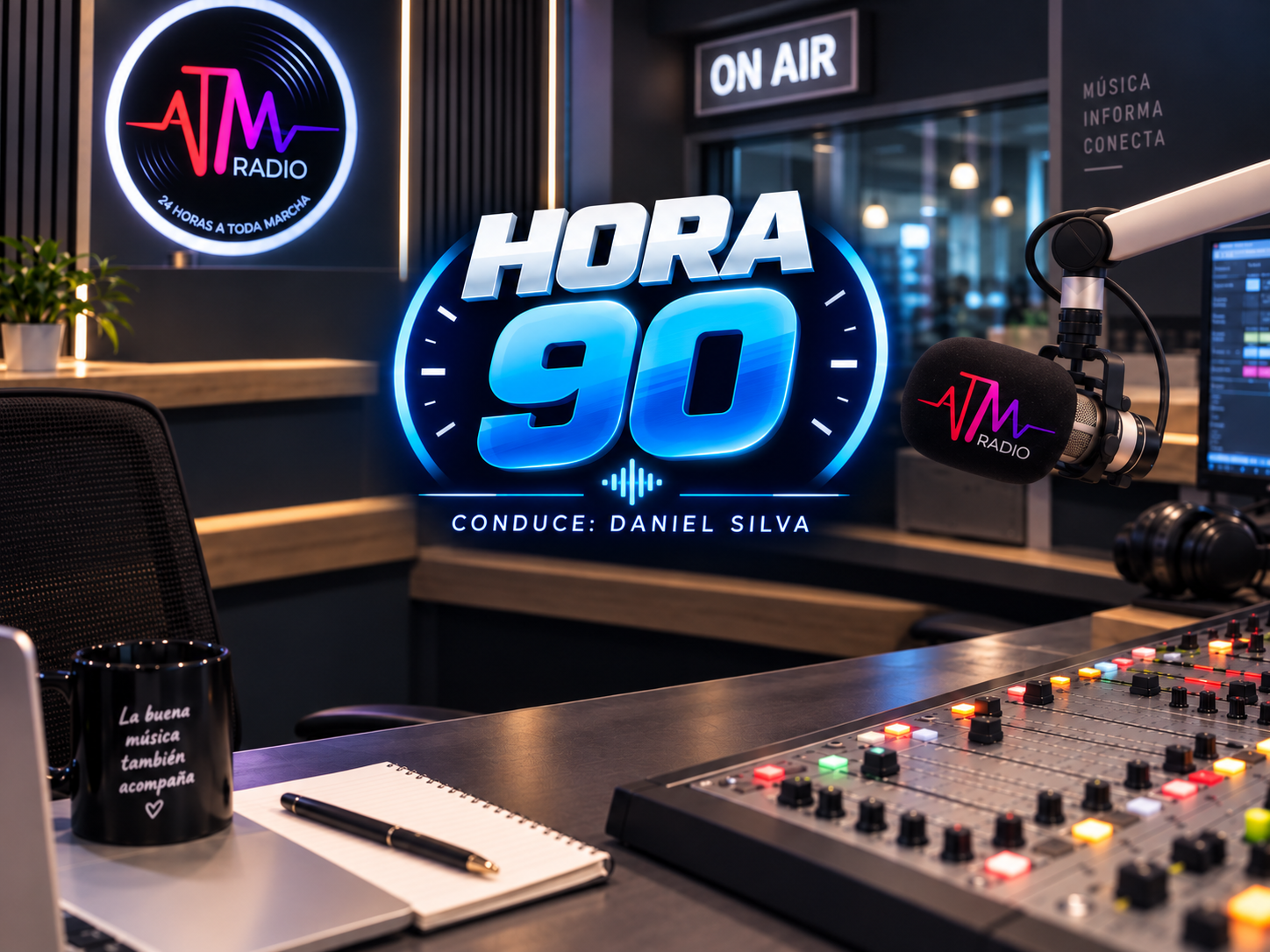 Visual destacado del programa Hora 90 de ATM Radio FM · RE7