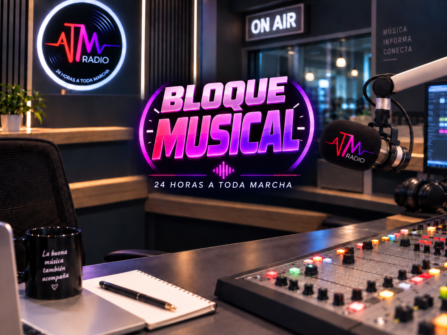 Visual destacado del bloque musical de ATM Radio FM · RE7
